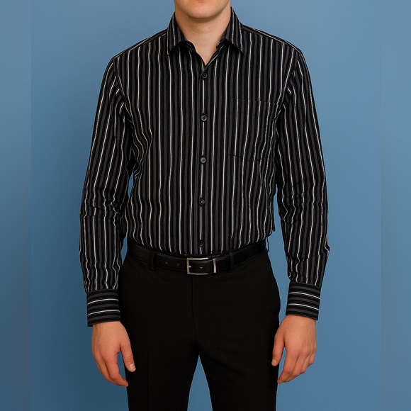 jf j.ferrar Black and White Striped Button Down Shirt - Picture 1 of 6